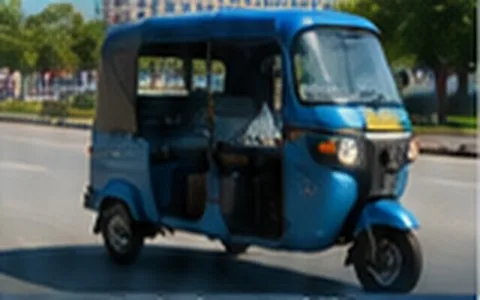 Blue hydrogen auto rickshaw on a city street